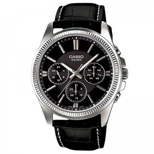 Casio MTP-1375L-1AVDF Day Date Silver Black Leather